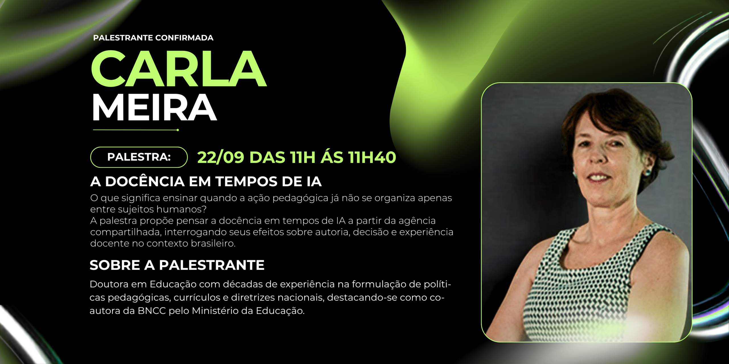 Palestra A Docência em Tempos de IA, com Carla Meira — 22/09 das 11h às 11h40